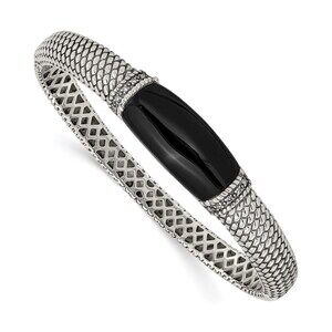 925 Sterling Silver Genuine Antiqued Black Onyx & Diamond Hinged Bangle Bracelet